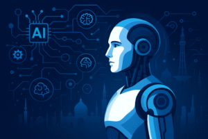 A humanoid robot collaborating with a Pakistani freelancer on a laptop, symbolizing AI-powered work and innovation in Pakistan 2025.