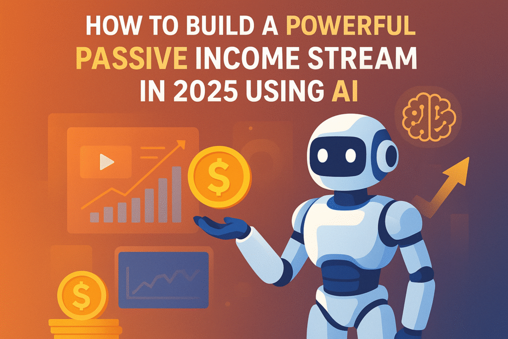 A futuristic robot holding a golden coin representing AI-powered passive income and the future of smart earning in 2025.