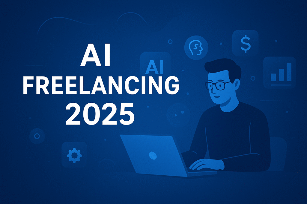AI freelancer working on laptop with digital icons in 2025