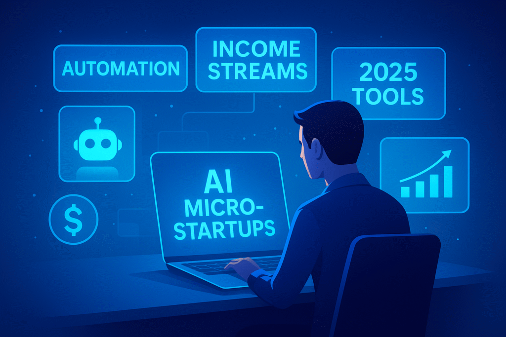 Futuristic workspace showing a person using a laptop with AI micro-startup, automation, and 2025 income tools icons