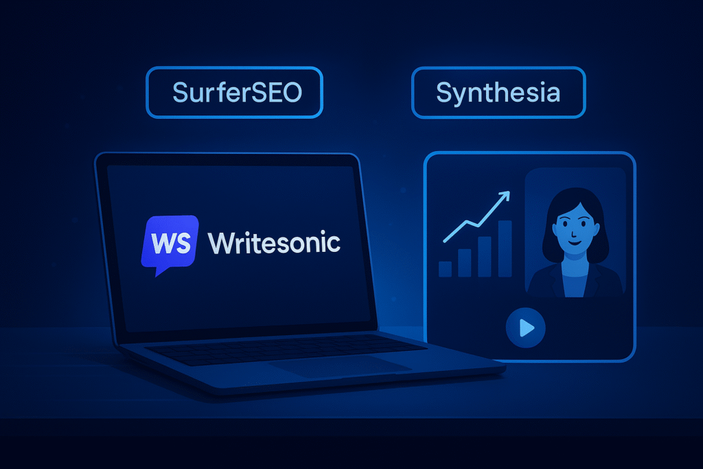 A futuristic digital workspace displaying Writesonic on a laptop, SurferSEO analytics chart, and a Synthesia AI avatar video — representing an AI-powered content creation workflow.