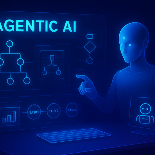Futuristic AI workstation showcasing Agentic AI workflows and autonomous digital agents in action.