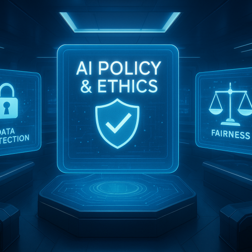 A human expert and AI robot collaborating on ethical AI guidelines in a futuristic workspace.