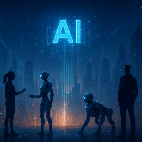 AI and humans collaborating in a smart, data-driven world of 2026.