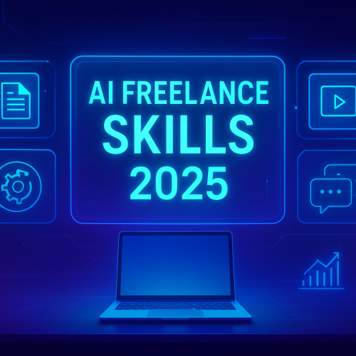 A futuristic digital workspace showcasing top AI freelance skills for 2025.