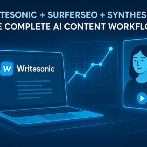 A modern AI-driven content creation setup featuring Writesonic, SurferSEO, and Synthesia for seamless writing, optimization, and video production.